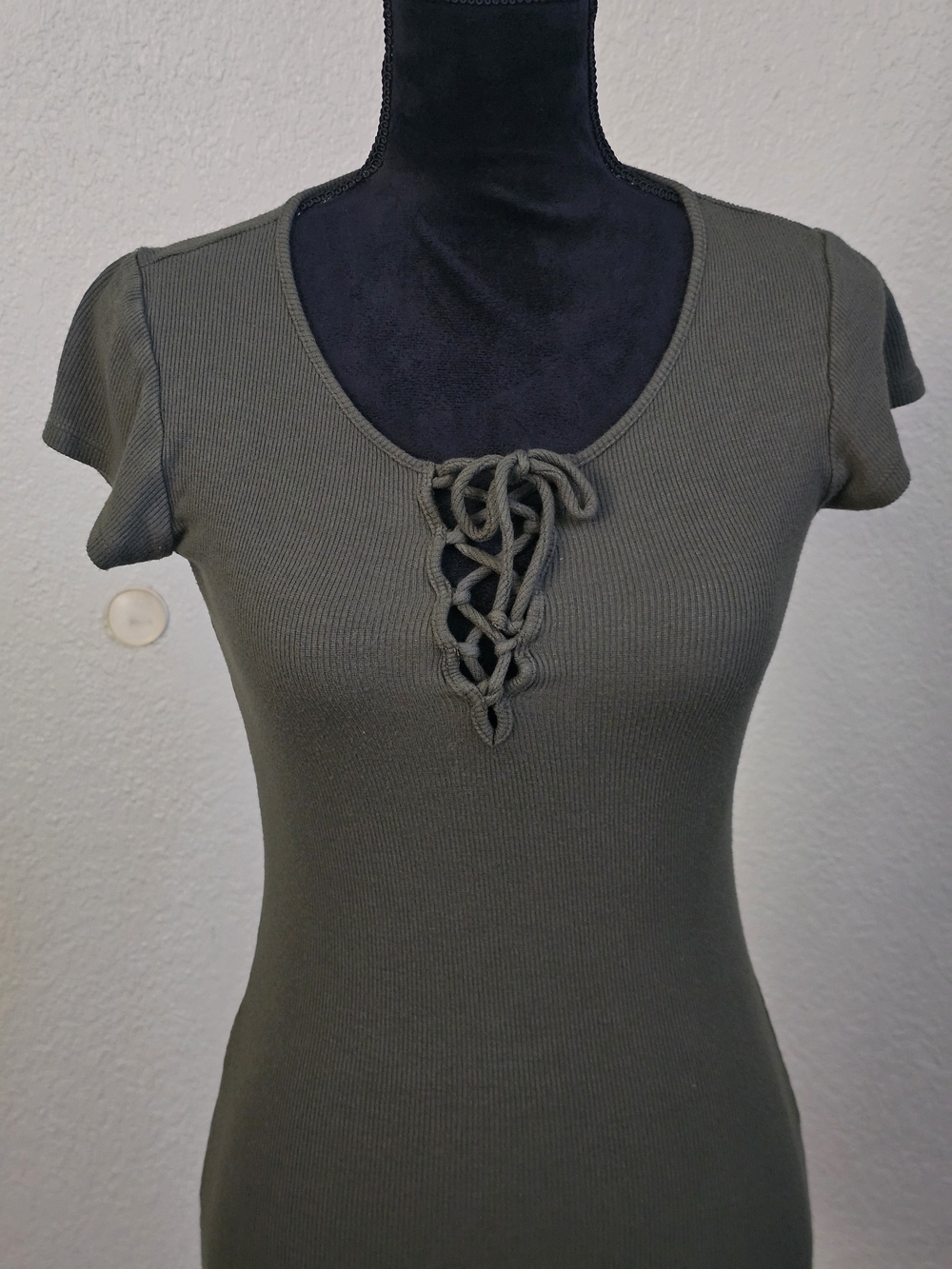 Wet Seal Olive Ribbed Lace-Up Scoop Mini Dress